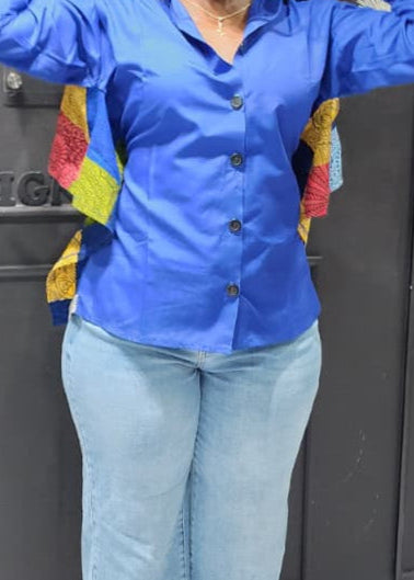 Ankara Patchwork Peplum Shirt – Button-Down with Adjustable Tie-Back
