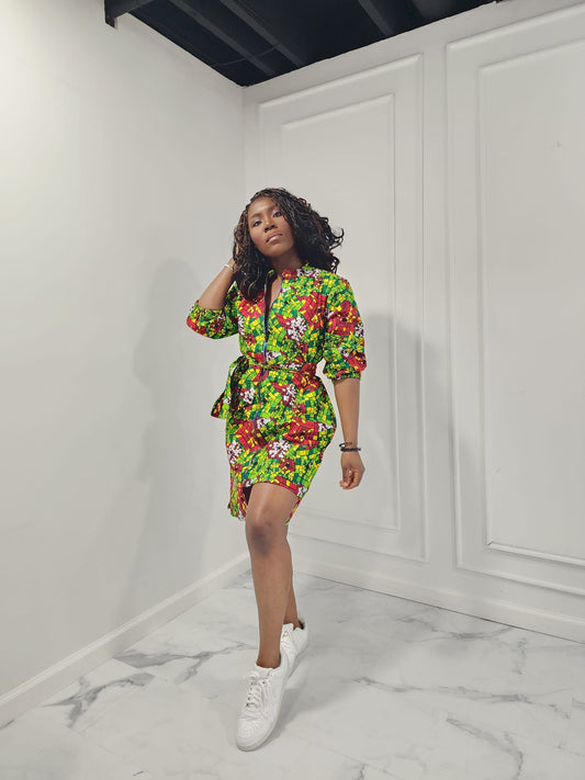 Green and Red floral print Dress