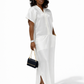 white shtraight dress with front pockets