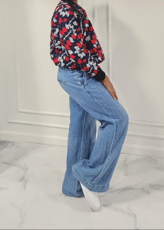 Bold Floral Bomber Jacket with Wide-Leg Jeans Set
