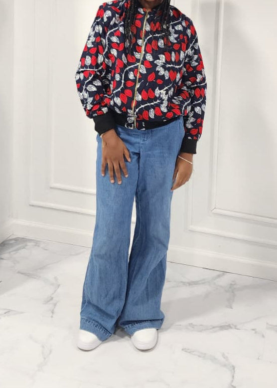 Bold Floral Bomber Jacket with Wide-Leg Jeans Set