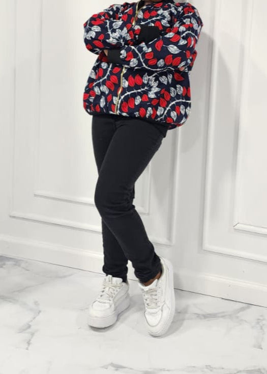 Bold Floral Bomber Jacket with Wide-Leg Jeans Set