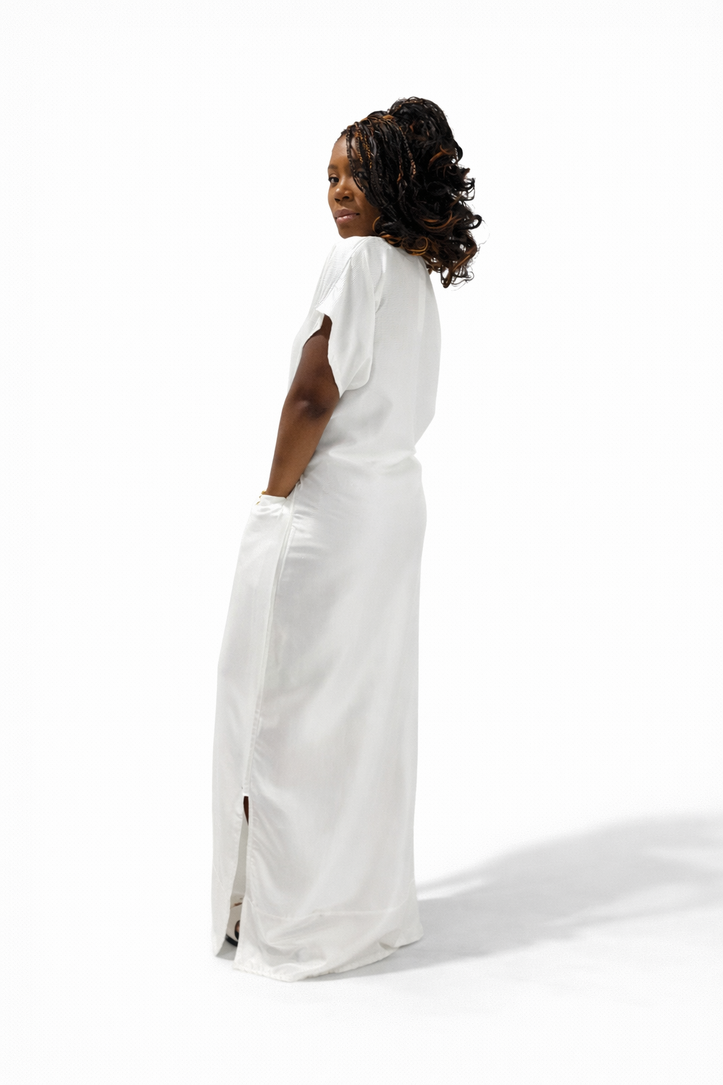 white shtraight dress with front pockets