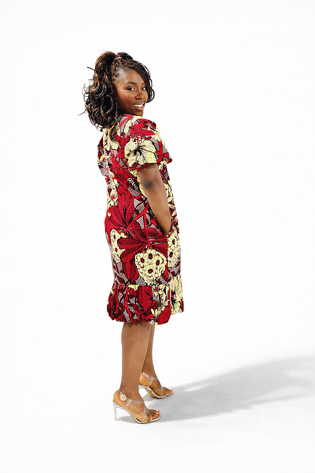 Red and gold floral print dress