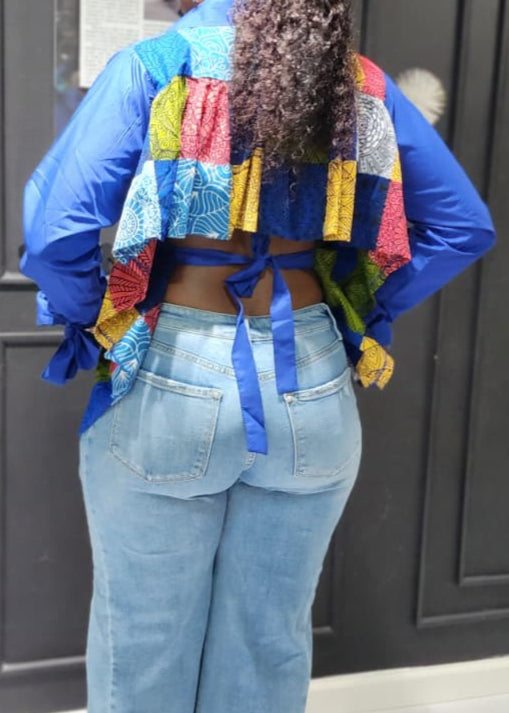 Ankara Patchwork Peplum Shirt – Button-Down with Adjustable Tie-Back